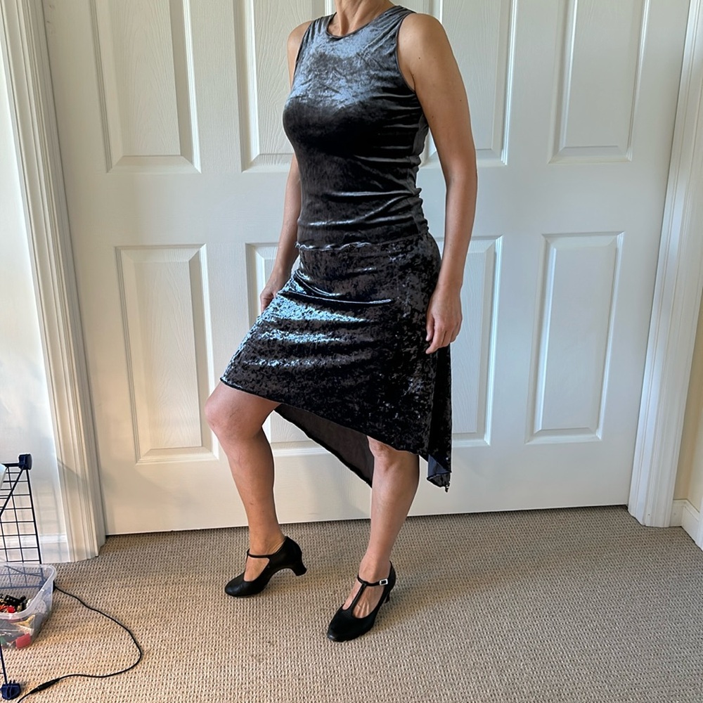 Gray and black velvet 2 piece dance set with lace details